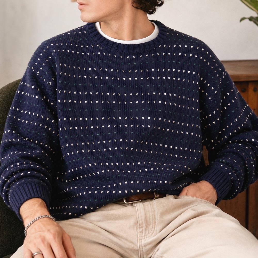 Vintage Lord Jeff Crewneck Sweater Mens XL Cotton Navy Birdseye 90s‎ Preppy USA